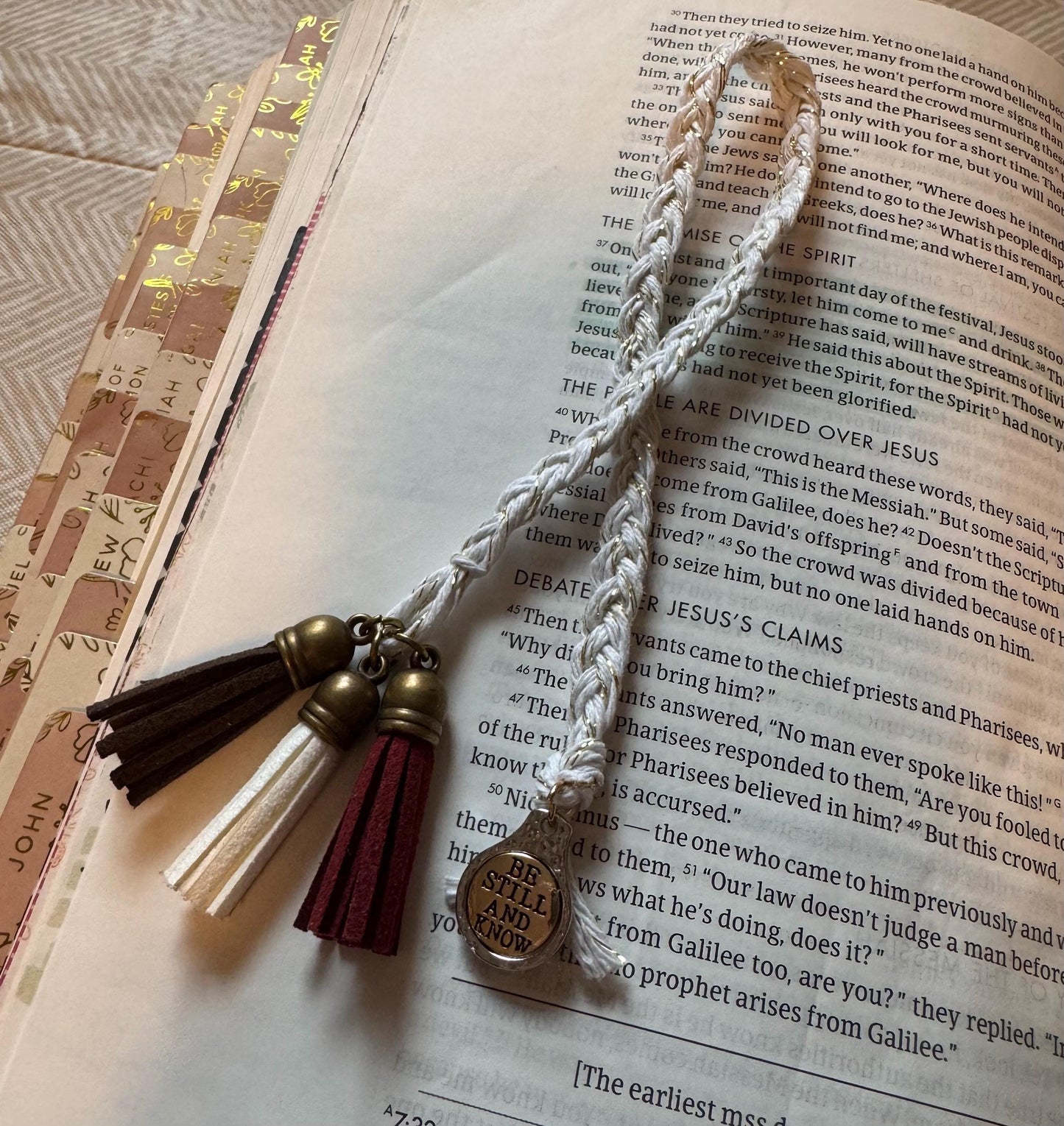 Gold Braided Bible Bookmark w/ brown, white and maroon tassels & gold charm