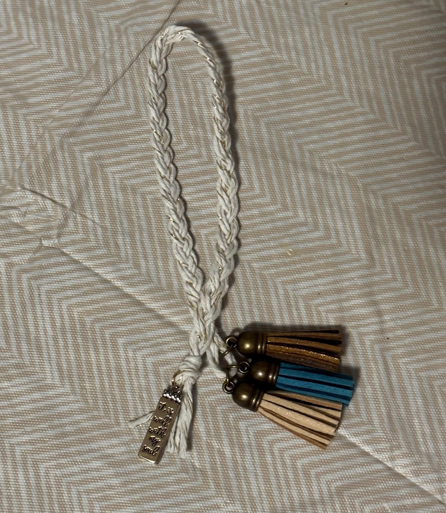 Gold Braided Bible Bookmark w/ brown and teal tassels and Charm