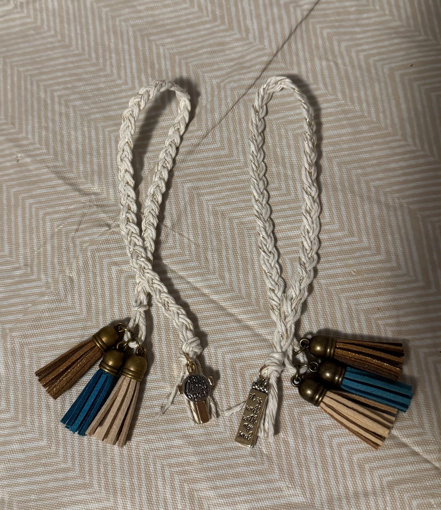 Gold Braided Bible Bookmark w/ brown and teal tassels and Charm