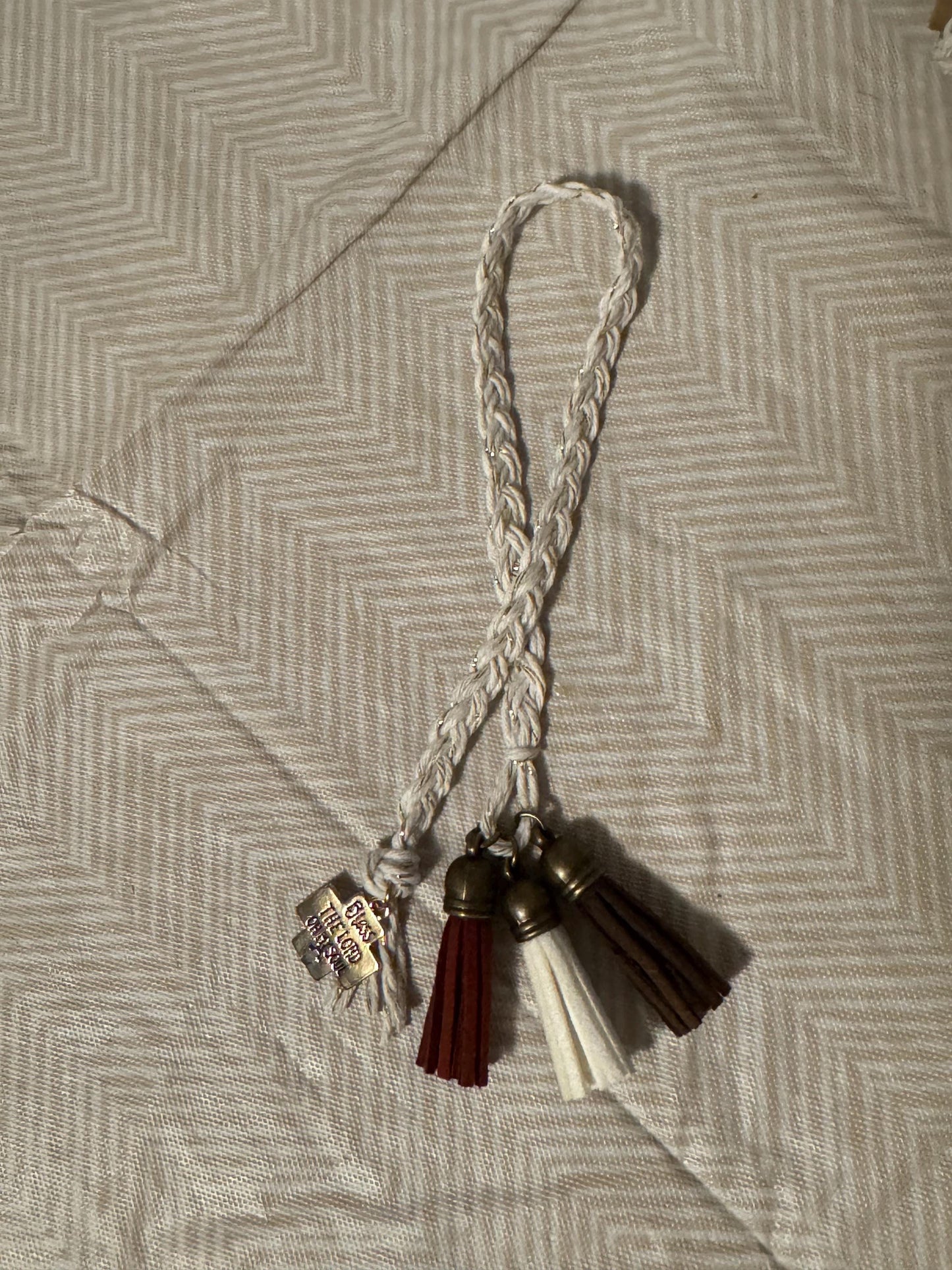 Gold Braided Bible Bookmark w/ brown, white and maroon tassels & gold charm