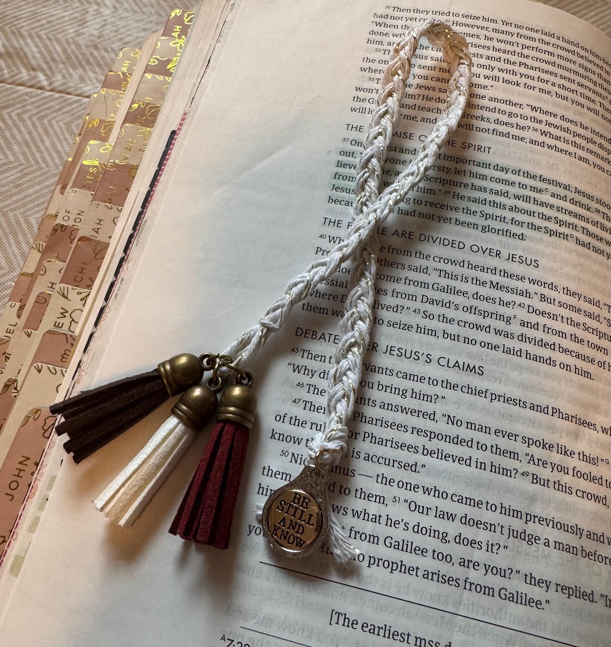 Gold Braided Bible Bookmark w/ brown, white and maroon tassels & gold charm