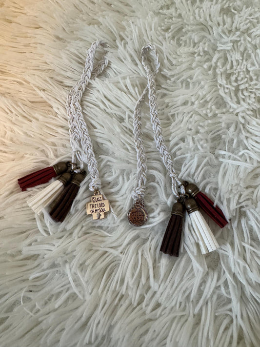 Gold Braided Bible Bookmark w/ brown, white and maroon tassels & gold charm