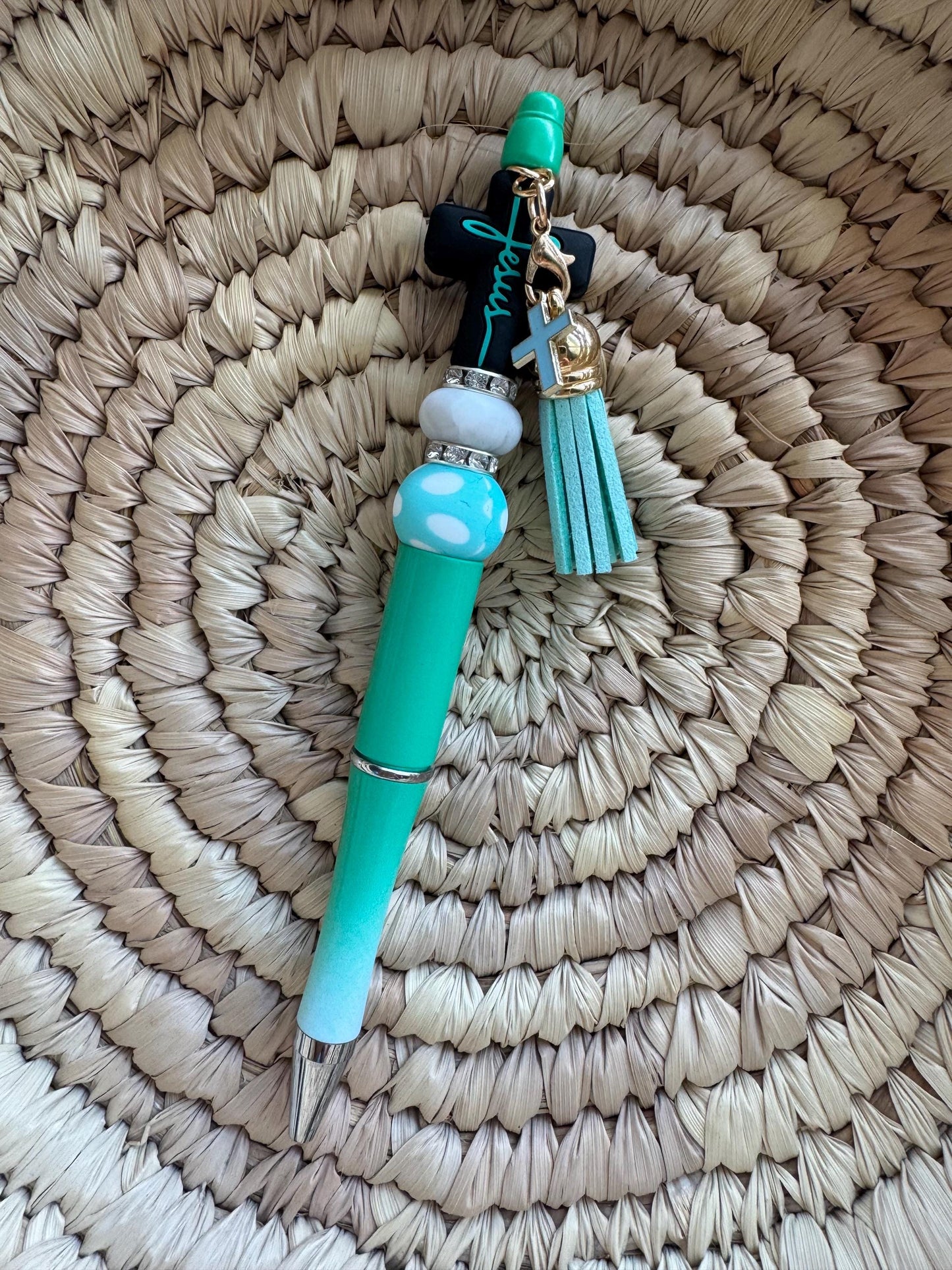 Black ink focal pen w/ cross Jesus focal, tassel & little cross