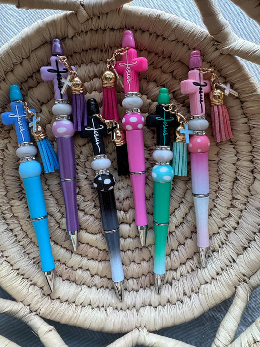 Black ink focal pen w/ cross Jesus focal, tassel & little cross
