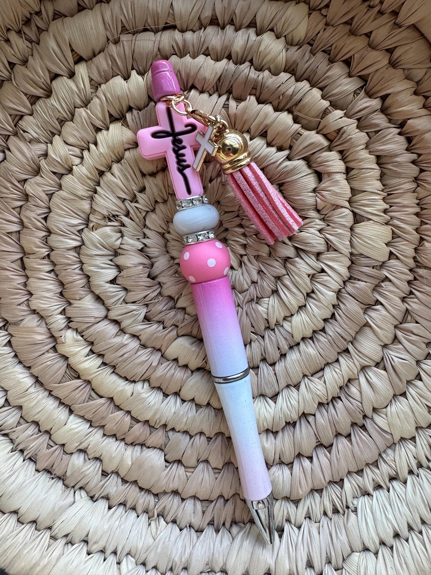 Black ink focal pen w/ cross Jesus focal, tassel & little cross