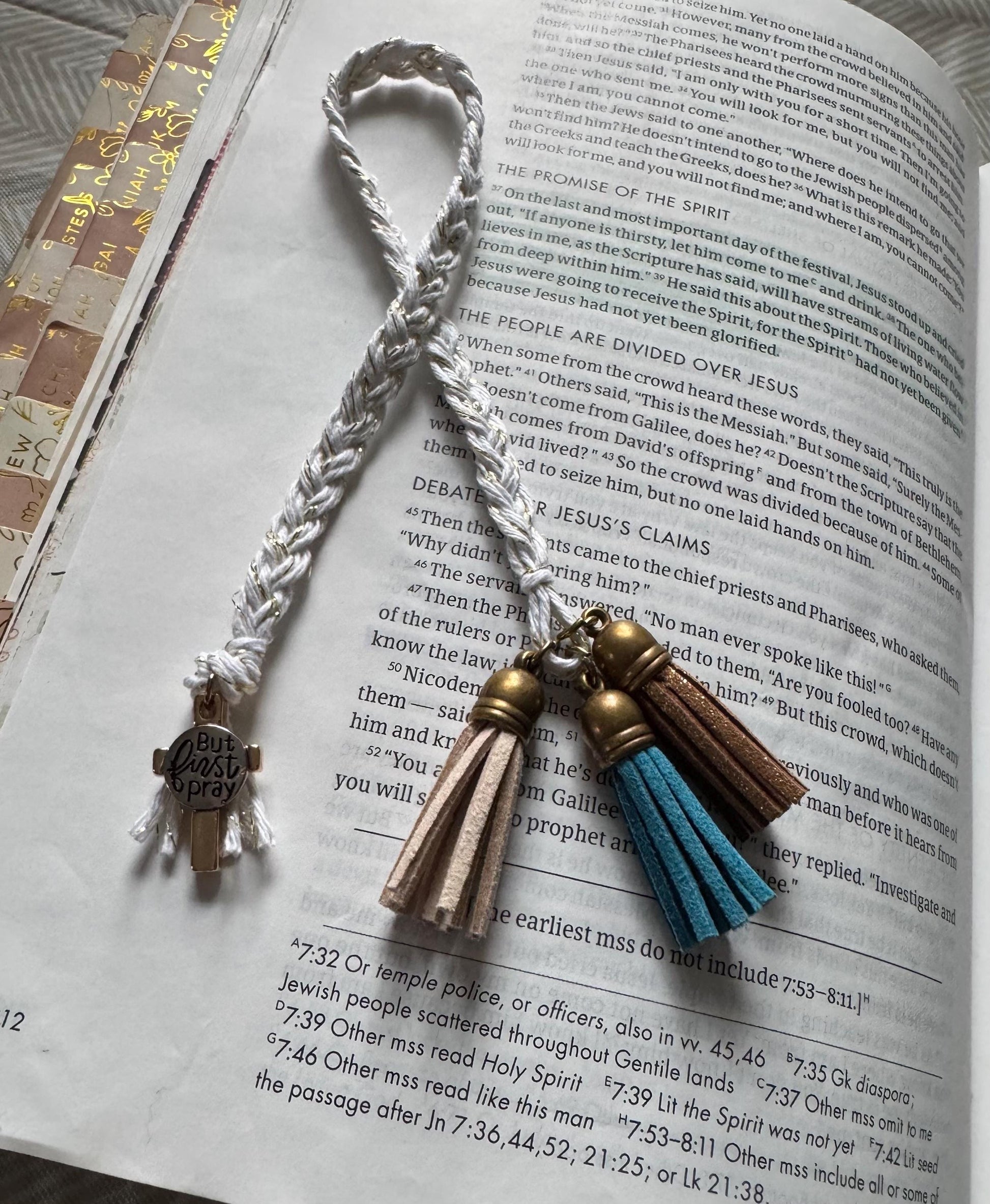 Gold Braided Bible Bookmark w/ brown and teal tassels and Charm