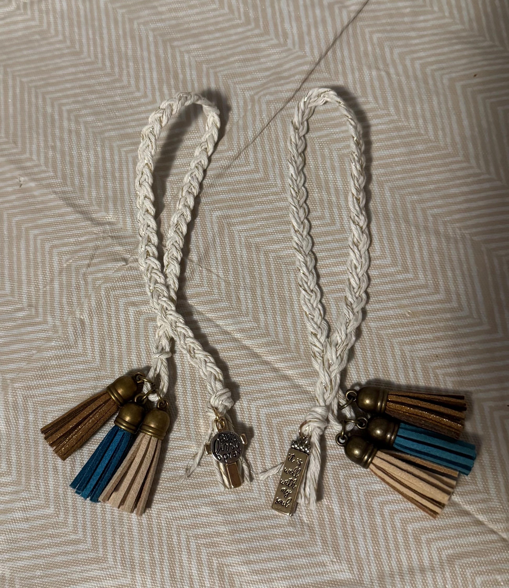 Gold Braided Bible Bookmark w/ brown and teal tassels and Charm