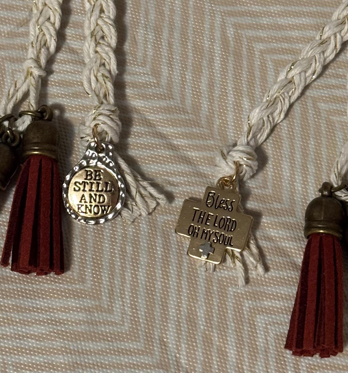 Gold Braided Bible Bookmark w/ brown, white and maroon tassels & gold charm