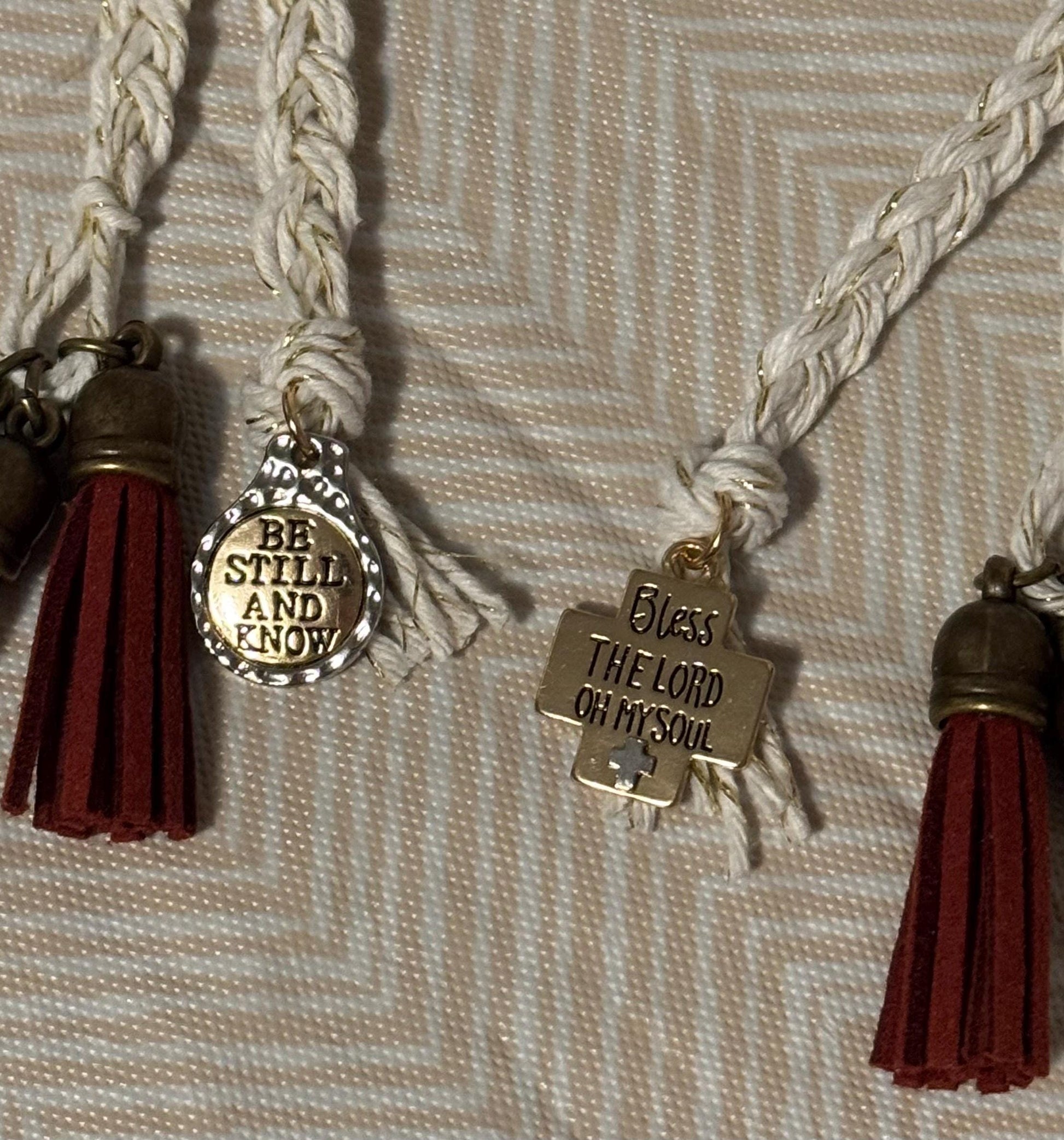 Gold Braided Bible Bookmark w/ brown, white and maroon tassels & gold charm