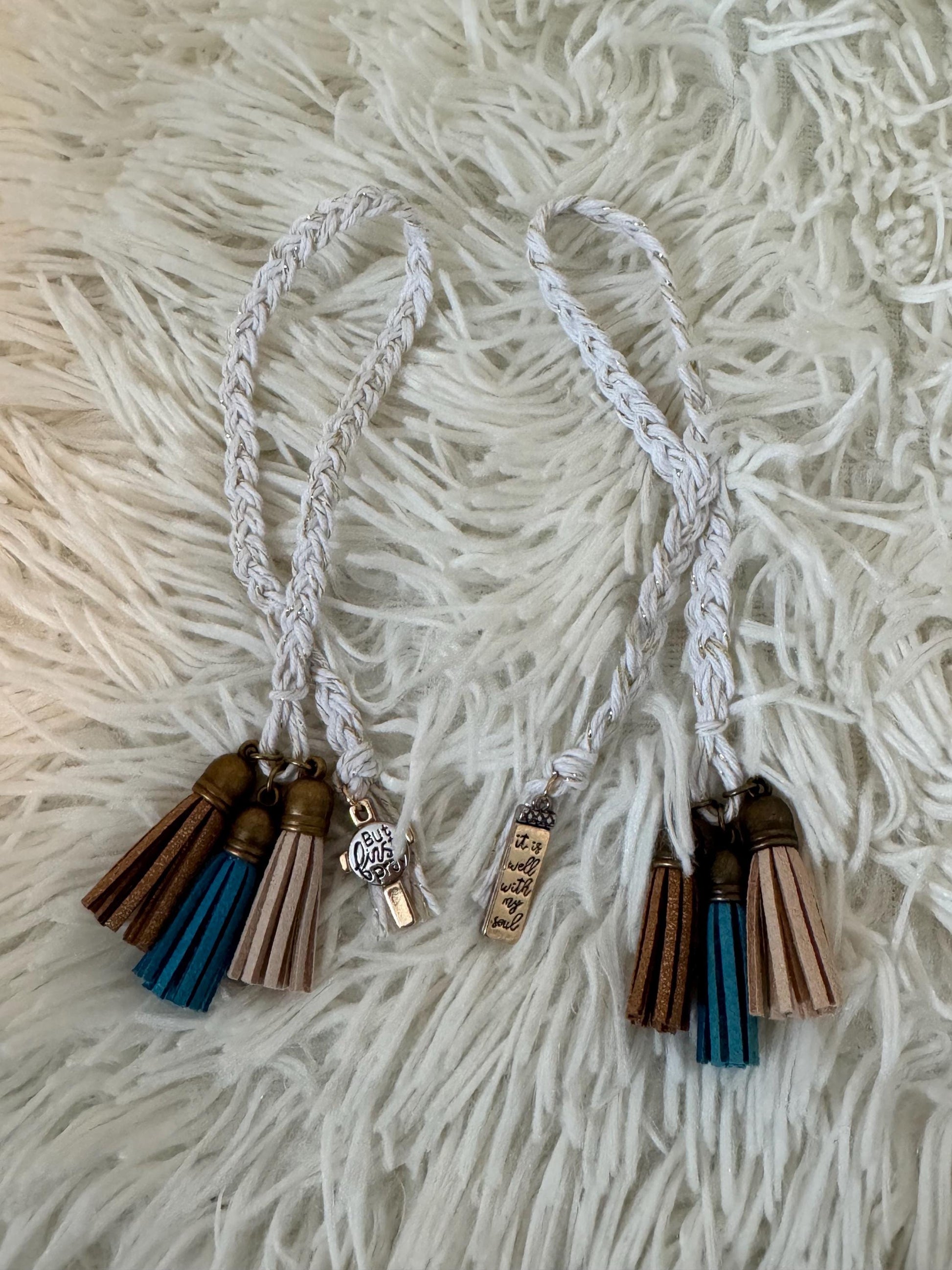 Gold Braided Bible Bookmark w/ brown and teal tassels and Charm