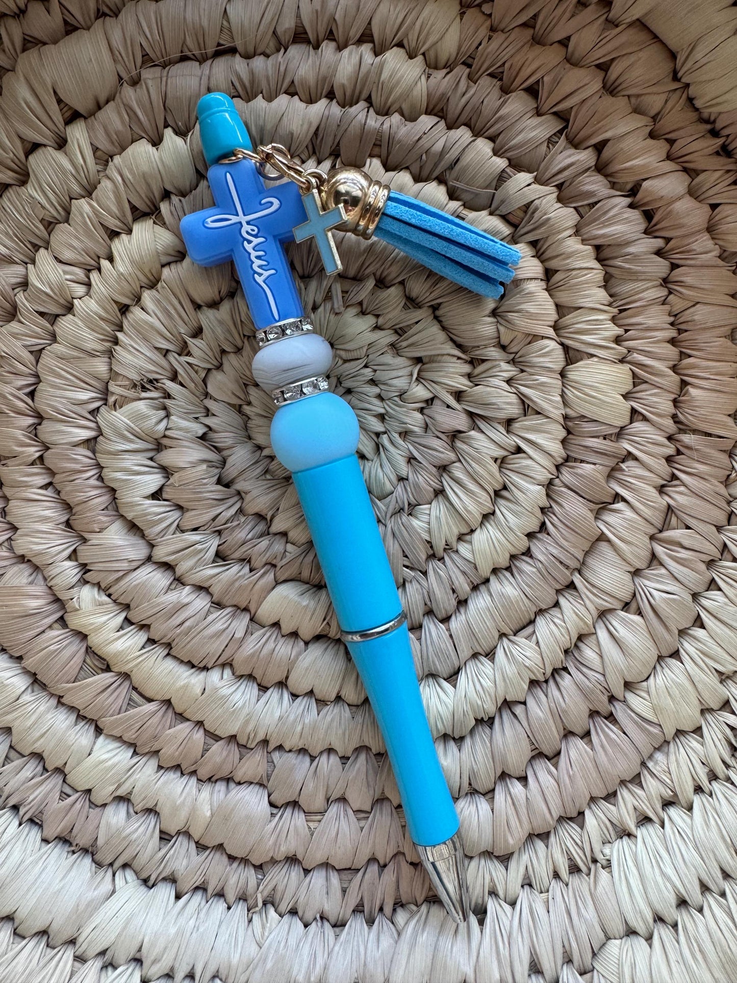 Black ink focal pen w/ cross Jesus focal, tassel & little cross