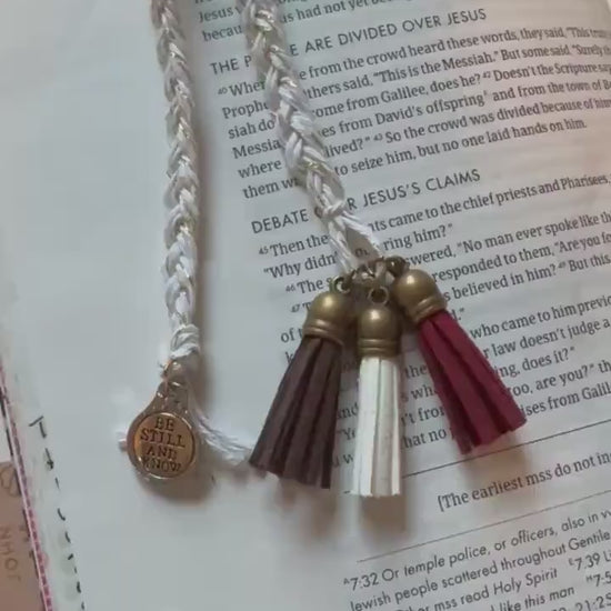 Gold Braided Bible Bookmark w/ brown, white and maroon tassels & gold charm