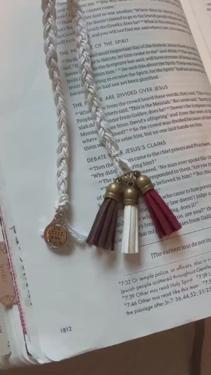 Gold Braided Bible Bookmark w/ brown, white and maroon tassels & gold charm